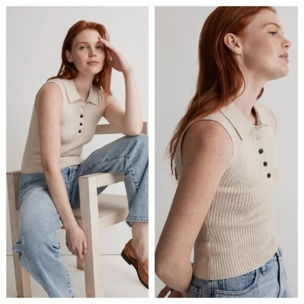 NWOT MADEWELL Owen Polo Sweater Tank Beige Size Small